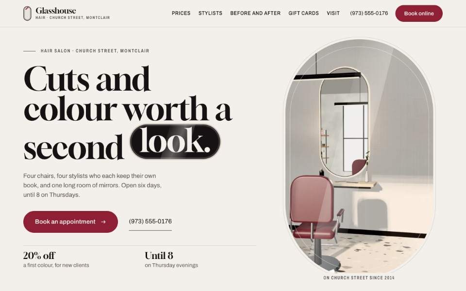 Glasshouse Hair, the new first screen